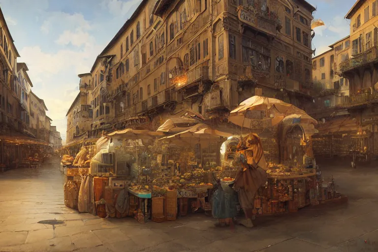 Prompt: a time traveller astronaut shopping at ancient renaissance florence street vendors, rule of thirds, serene, nvidia, by wlop, peter mohrbacher, james jean, jakub rebelka, visually stunning, beautiful, masterpiece