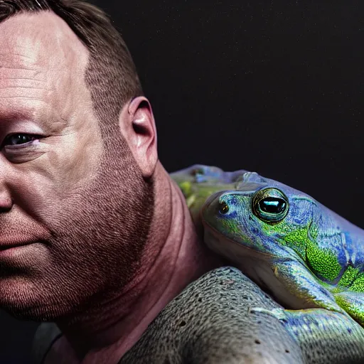 Prompt: hyperrealistic mixed media image of a ( info wars ) alex jones with the body of a bullfrog, stunning 3 d render inspired art by greg rutkowski and xiang duan and thomas eakes, perfect symmetry, flesh texture, realistic, highly detailed attributes and atmosphere, dim volumetric cinematic lighting, 8 k octane detailed render, post - processing, masterpiece,