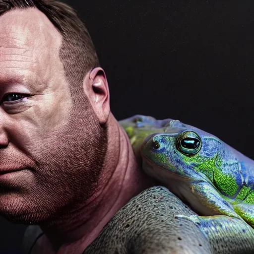 Image similar to hyperrealistic mixed media image of a ( info wars ) alex jones with the body of a bullfrog, stunning 3 d render inspired art by greg rutkowski and xiang duan and thomas eakes, perfect symmetry, flesh texture, realistic, highly detailed attributes and atmosphere, dim volumetric cinematic lighting, 8 k octane detailed render, post - processing, masterpiece,