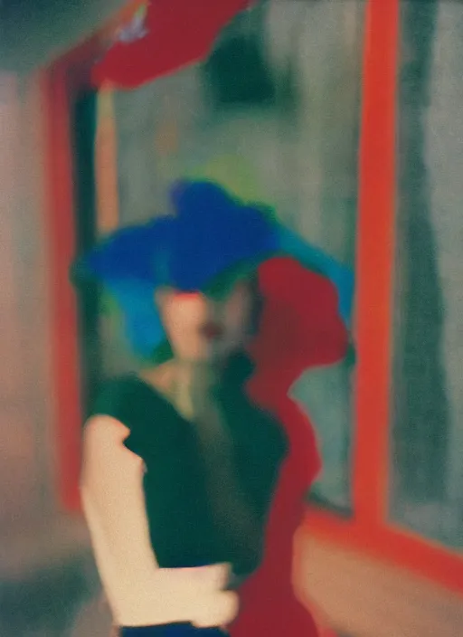 Prompt: ( out of focus ), head to shoulders woman, photography by saul leiter and ernst haas in a decorated pompeii peristylium, tea green, airforce blue, red, closed eyes