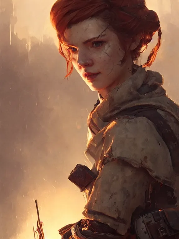 Prompt: portrait of a young female merchant from fallout 4 wearing survival gear, long auburn hair, art by ryo shiotani and greg rutkowski, intricate, beautiful, cute, cinematic lighting