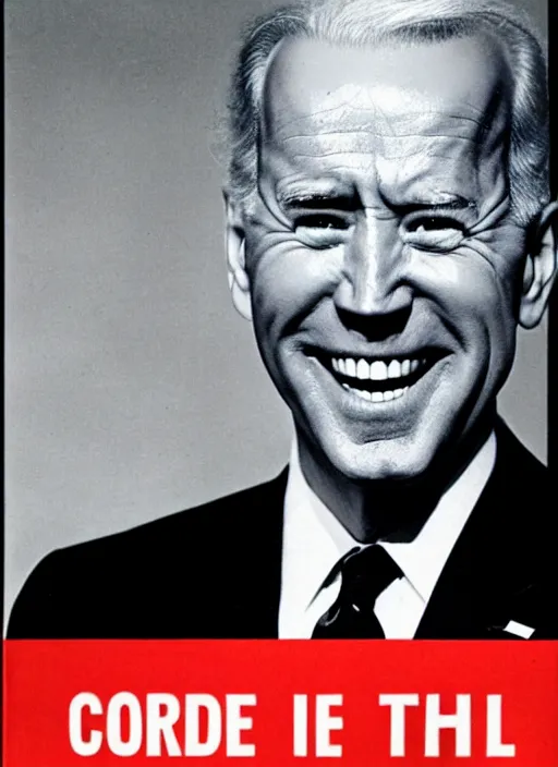 Image similar to creepy joe biden staring directly at you ominously with an eerie comically big scary smile, 1940s scare tactic propaganda art