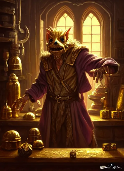 Prompt: a _ fantasy _ style _ portrait _ painting _ of a humanoid gold kobold male in wizard robes selling wares in his shop, oil _ painting _ unreal _ 5 _ daz. _ rpg _ portrait _ extremely _ detailed _ artgerm _ greg _ rutkowski _ greg