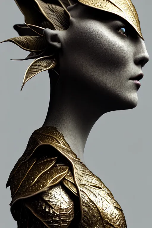 Prompt: close - up profile face, black background, beautiful young porcelain vegetal - dragon - cyborg - female, 1 5 0 mm, beautiful natural soft rim light, silver gold details, magnolia leaves and stems, roots, mandelbot fractal, elegant, hyper real, ultra detailed, white metallic armour, octane render, 1 6 k