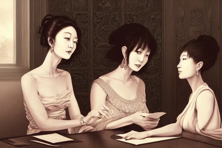 Image similar to portrait of two wise and very beautiful women discussing some texts appearing in a computer screen, art by fuji choko, intricate, elegant, highly detailed, smooth, sharp focus, artstation