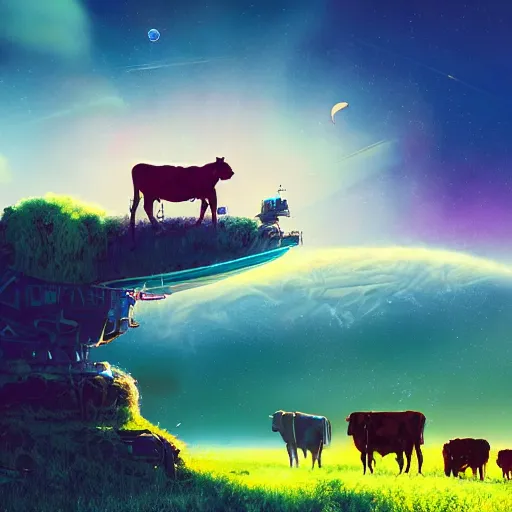 Image similar to ufo over the cow, Bright colors, fantastic landscape, hyperrealism, no blur, 4k resolution, ultra detailed, style of Anton Fadeev, Ivan Shishkin, John Berkey