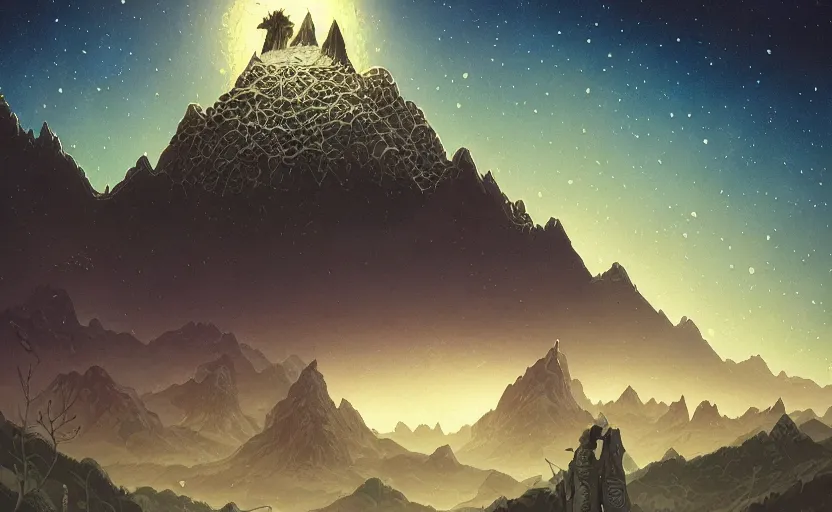 Prompt: mountains, stars and paisley filled sky, artstation, intricate, highly detailed, digital painting, concept art, sharp focus, illustration by Michael Whelan and Benjamin Lacombe