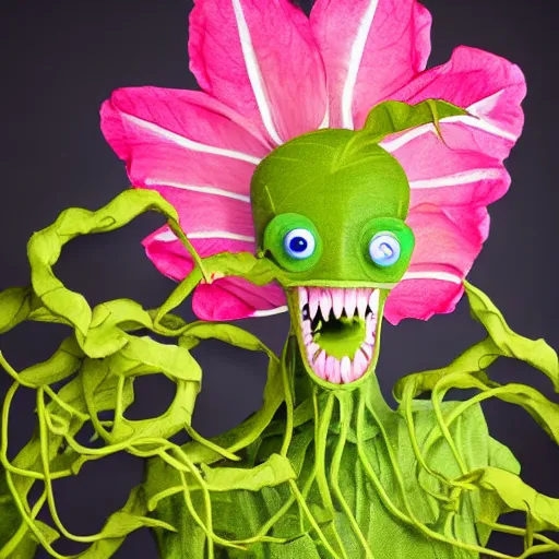 Image similar to studio photograph of a thin green vine creature with vine limbs and a pink blooming flower mouth with many sharp teeth