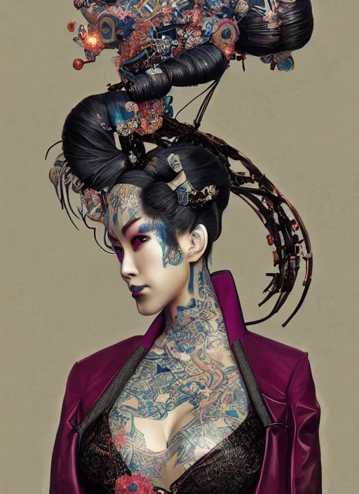 Image similar to portrait of a seductive cyberpunk geisha yakuza, imari, modern fine art, fractal, in the style of bladerunner, intricate ornaments, elegant, highly detailed, digital photography, subsurface scattering, by mc escher and greg rutkowski,