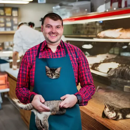 Prompt: a marketing photo of a friendly butcher behind the counter of a cat butcher shop