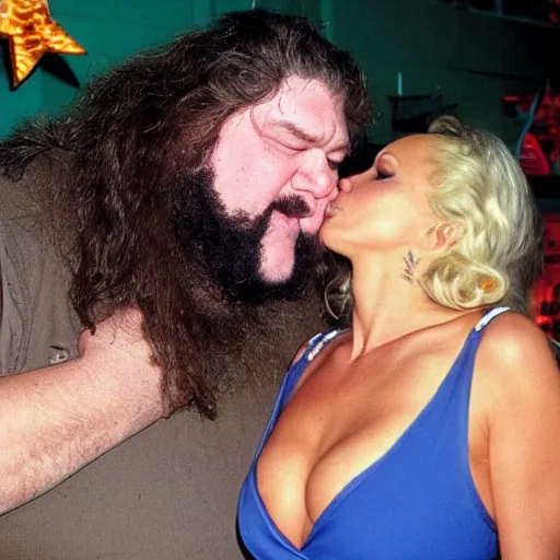 Prompt: Hagrid kissing Pamela Anderson at a dive bar award winning photography