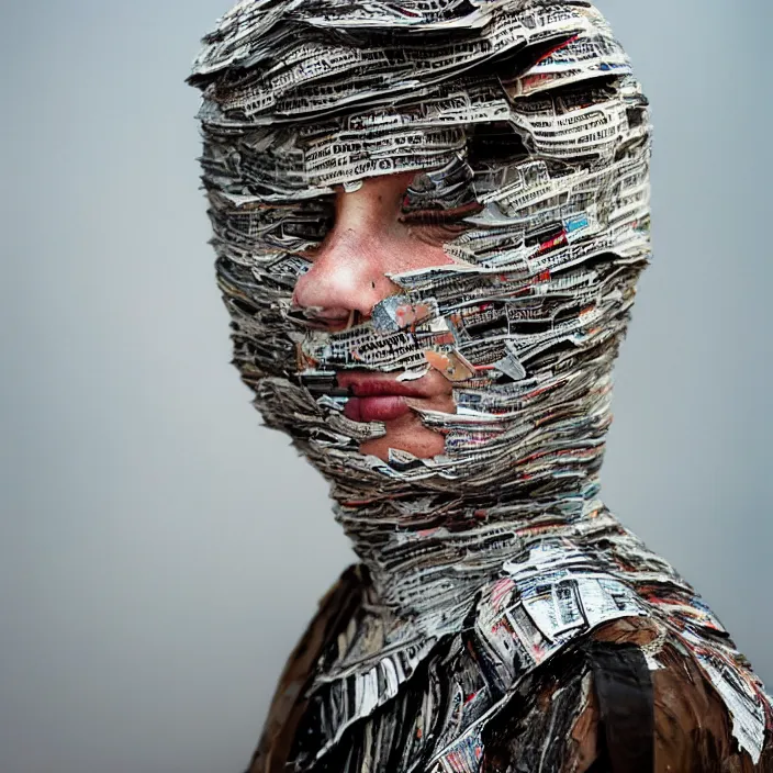 Image similar to closeup portrait of a woman with a hood made of newspaper and confetti, standing in a desolate apocalyptic landscape, by Annie Leibovitz and Steve McCurry, natural light, detailed face, CANON Eos C300, ƒ1.8, 35mm, 8K, medium-format print