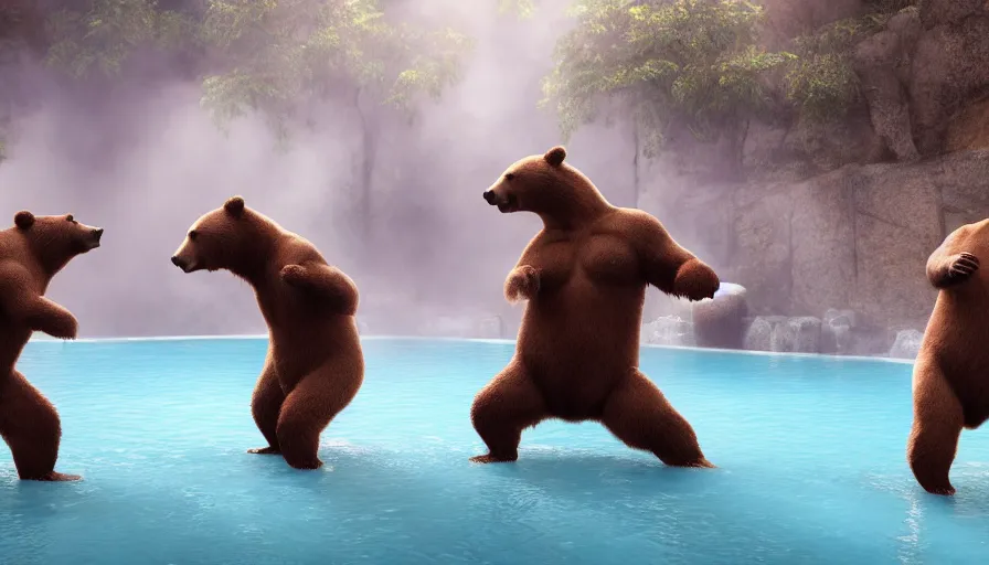 Image similar to fullbody portrait of bears playing capoeira in a hot spring. volumetric light, detailed, photorealistic, fantasy, rendered in octane