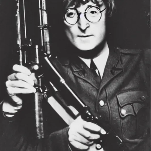 Image similar to old wartime photograph of john lennon holding a lewis gun, 1 9 1 7