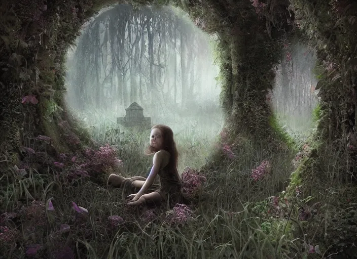 Prompt: secret garden, close - up of girl sitting, spooky, dark, in the style of pan's labyrinth movie, hyperrealistic, coherent composition, concept art, matte painting, artstation, caspar friedrich, wlop