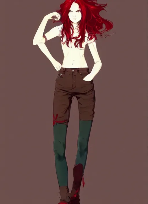 Image similar to full-body shot of an attractive tomboy girl with long, crimson red hair and red eyes, wearing a brown, open jacket and green jeans with a stern look, midriff, concept art, character design, by WLOP, by Ross Draws, by Tomine, by Satoshi Kon, by Rolf Armstrong, Beksinski