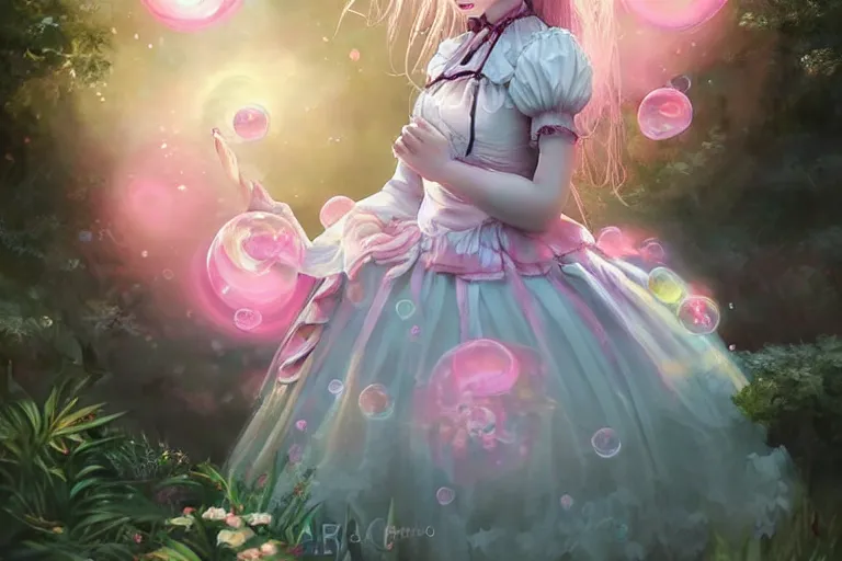 Prompt: creepy portrait of magical lolita girl in a Japanese garden, dreamy and ethereal, expressive pose, big pink eyes, peaceful expression, ornate frilly dress, fantasy, intricate, elegant, many rainbow bubbles, rose tones, dynamic lighting, highly detailed, 8k, digital painting, artstation, concept art, smooth, sharp focus, illustration, art by artgerm and greg rutkowski and alphonse mucha