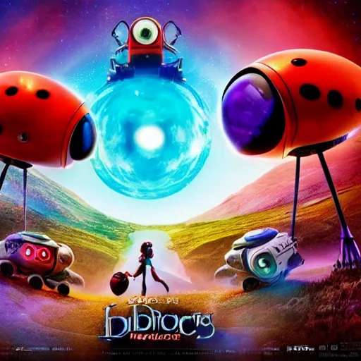 Image similar to promotional movie still, ladybug futuristic ( ( descendants ) ), ladybug quadruped with big rgb eyes, huge ladybug mothership, space western, dramatic lighting, the fellowship of the ring ( film ), ( ( ( wall - e ( film ) ) ) )