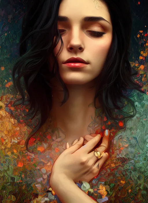 Image similar to handsome young women with shoulder length black hair, half body shot, path traced, highly detailed, high quality, digital painting, alena aenami, lilia alvarado, shinji aramaki, karol bak, alphonse mucha, tom bagshaw, hd, 8 k