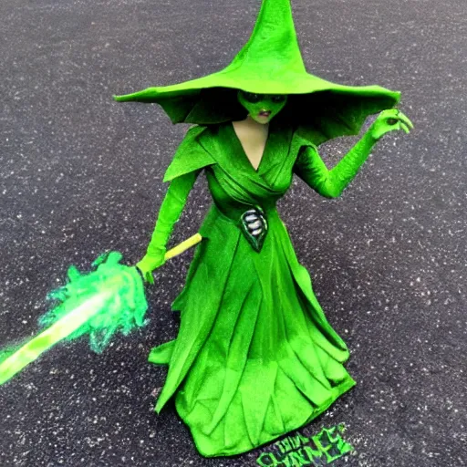 Image similar to the wicked witch of the game of thrones, green skin, witch hat, dragons