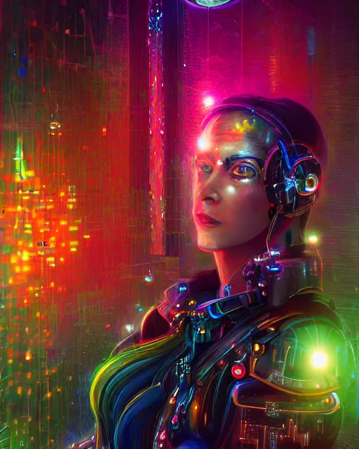 Image similar to a cyberpunk close up portrait of enchanting cyborg cleopatra, electricity, rainbow, sparks, bokeh, soft focus, sparkling, glisten, water drops, cold, dark, geometric, temples behind her, by paul lehr, jesper ejsing