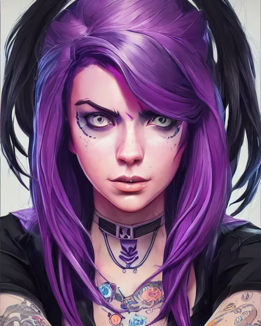 Prompt: beautiful female purple hair tattoo symmetrical face eyes full length fantasy art twitch apex fortnite Video game icon, 2d game art gta5 cover , official fanart behance hd artstation by Jesper Ejsing, by RHADS, Makoto Shinkai and Lois van baarle, ilya kuvshinov, rossdraws