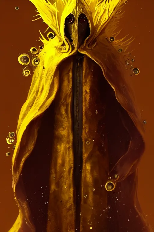 Image similar to A full body portrait of a mysterious character with no face with a very long hooded yellow cloak, a golden crown floating above his head tentacles coming out the ground art by Maciej Kuciara and Jason Chan, ominous, cosmic horror, trending on artstation, Ultra detailed, hyper realistic 4k