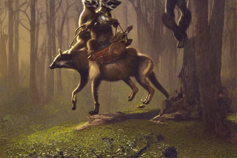 Image similar to a raccoon horseback riding on an oversized fox through a forest, digital art, furry art, glowing with silver light, illustration by jean - leon gerome, by winsor mccay, today's featured photograph, 1 6 k, character design, realistic, detailed