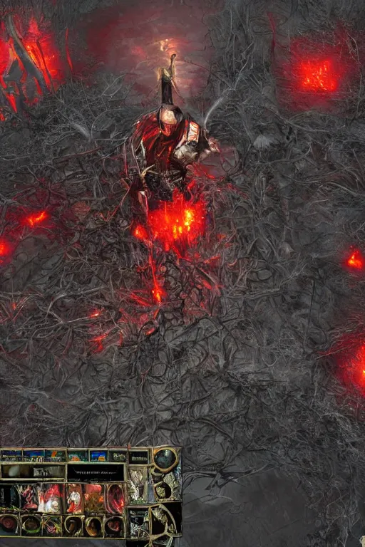 Image similar to Path of Exile, [Sirius], clear [[bronze]] face [mask], luminous red eyes, male image with [bronze] black armor, sitting on the throne, inside the ruined gothic church, black shadows, red lasers, dark red bloody fog, black-grey smoky tornadoes fly around, [[[blood]]], Anachronism, painting, dark fantasy, steampunk, 4k, perfect quality,