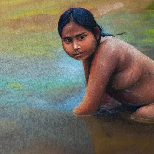 Prompt: oil painting of nepali village girl in her 2 0 s, bathing in a river, early foggy morning