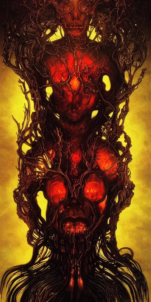 Prompt: intense glowing black metal pagan god with horns and veins and intense glowing eyes and a blood skull in very dark cosmic space by beksinski and alphonse mucha and karol bak and artgerm, portrait, fantasy, clear, light beams, lens flare, intense, uhd, amazing depth, cinematic lighting, shining gold and black and red