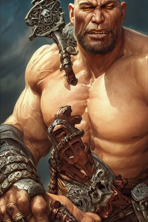 Image similar to portrait of a hulking herculean orc demon barbarian pirate, male, masculine, upper body, belt of skulls, fantasy, frown,, intricate, elegant, highly detailed, digital painting, artstation, concept art, sharp focus, illustration, art by artgerm and greg rutkowski and alphonse mucha