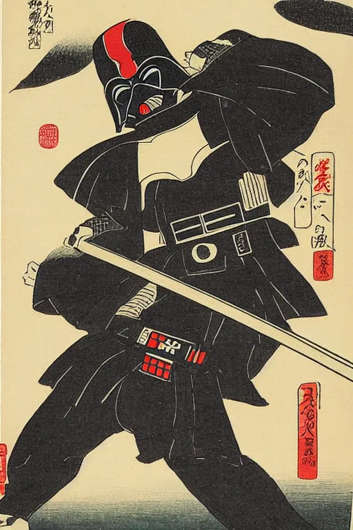 Image similar to Japanese woodblock print of Darth Vader holding a samurai sword , Hokusai