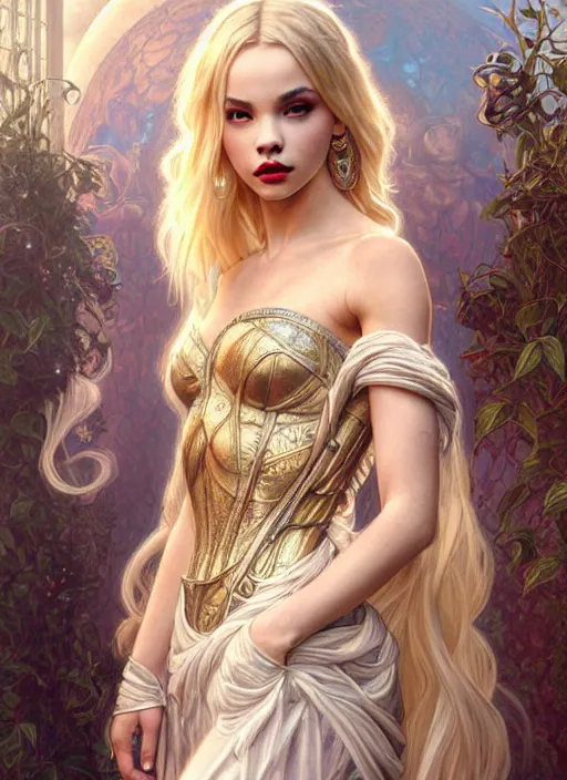 Image similar to ultra realistic illustration, a stunningly beautiful greek gothic goddess of chaos played by jordyn jones and dove cameron and margot robbie and taylor swift and megan fox, intricate, elegant, highly detailed, digital painting, artstation, concept art, smooth, sharp focus, illustration, art by artgerm and greg rutkowski and alphonse mucha