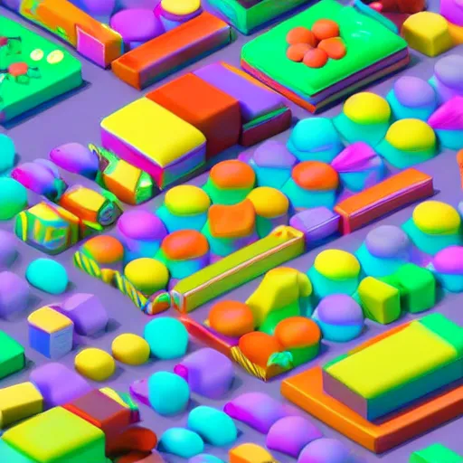 Prompt: ( 2 0 0 4 - 2 0 0 7 ) isometric candy themed game assets, 3 d render, in the style of yoworld, vmk myvmk, artstation, white background, zoomed out view by miha rinne
