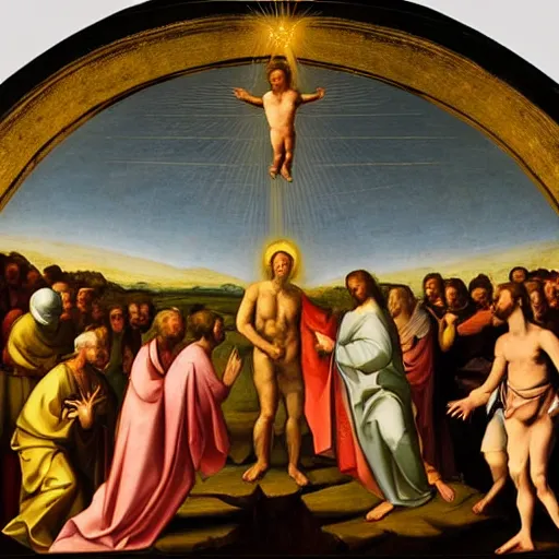 Prompt: a renaissance painting of a ufo beaming a ray of light down at the baptism of Christ. (1710)