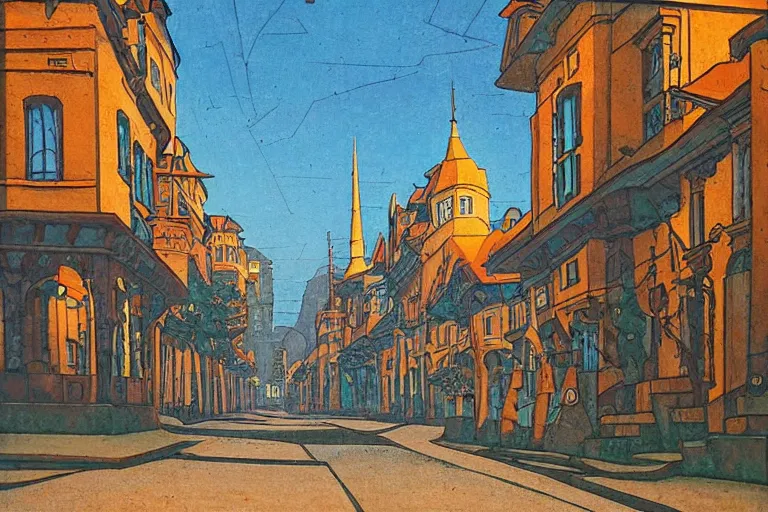 Prompt: tree-lined street in a very old very beautiful city by Gustav Bauernfeind and Nicholas Roerich, ornate wrought iron, strong dramatic cinematic lighting , colorful tiled architecture, lost civilizations, smooth, sharp focus, extremely detailed