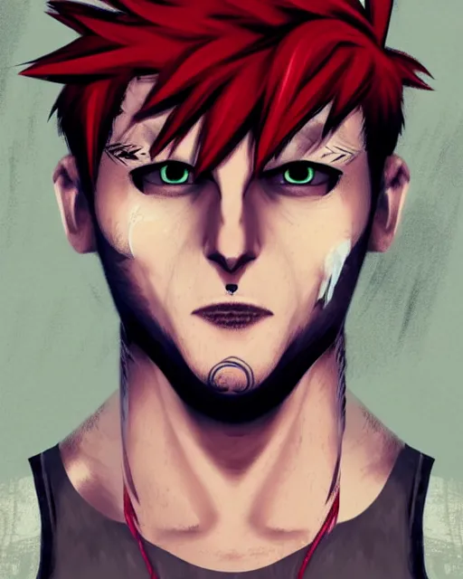 Prompt: young man with a short red dyed mohawk, red eyes and a slim face, dressed in crustpunk clothing, headshot, attractive, handsome, in color, no makeup, model, trending on artstation, high quality art, character design