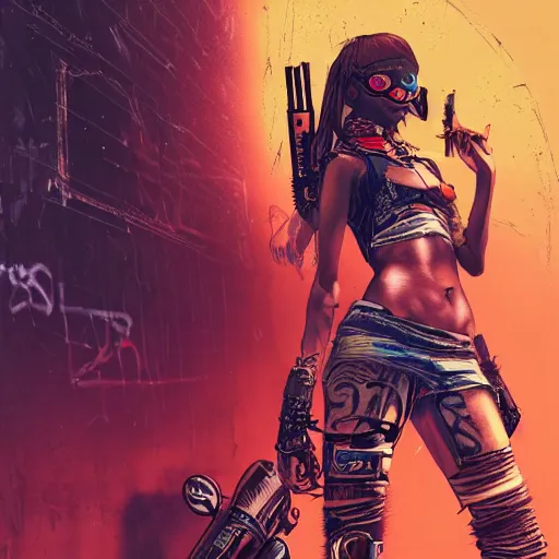 Image similar to highly detailed portrait of a post-cyberpunk south african young lady by Akihiko Yoshida, Greg Tocchini, 4k resolution, mad max inspired, wild neon color scheme with south african symbols and graffiti