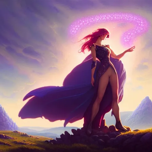 Image similar to a portrait of a fantasy female magician surrounded by magical particles stands on a hill. in the background on another hill stands a castle with mountains in the background, filled with magic, highly detailed, digital painting, artstation, smooth, sharp focus, illustration, art by artgerm and greg rutkowski and alphonse mucha