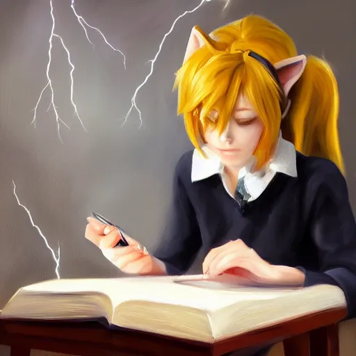 Prompt: catgirl studying from a textbook, expressive oil painting, emotions, beautiful lightning, digital art, trending on artstation, cat ears