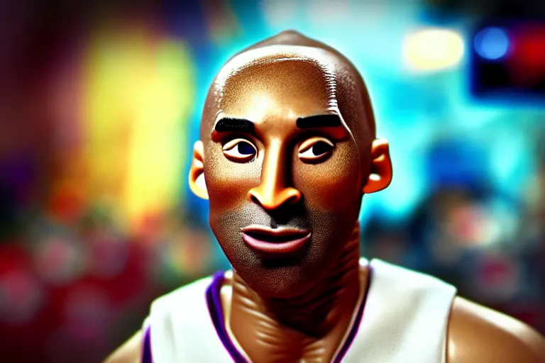 Image similar to cinematic screenshot portrait of a stop motion claymation film about a wacky adventure starring kobe bryant, shallow depth of field, 1 8 mm, f 1. 8