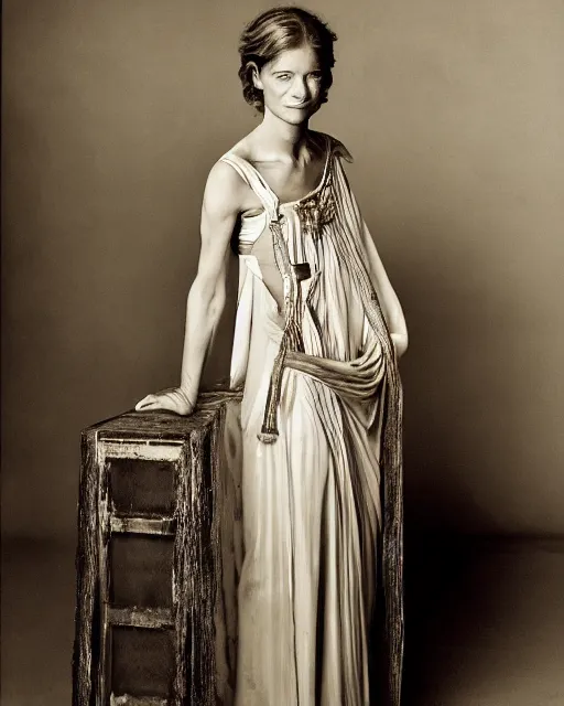 Prompt: the beautiful young actress charlotte rampling, dressed as the greek fate clotho, one of the weavers of destiny, photographed in the style of annie leibovitz, studio lighting, highly detailed, photorealistic