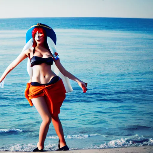 Image similar to photograph of a cute girl cosplaying as Nami from One Piece standing on a beach, cosplay, photo by Mert and Marcus