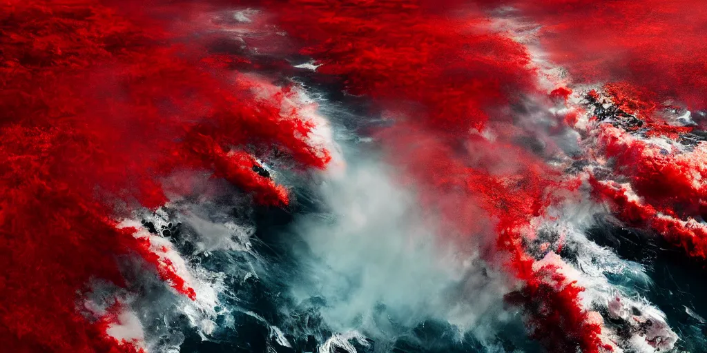 Image similar to a churning, boiling, fiery red sea with lots of smoky black and red steam, fantasy digital art, octane render, beautiful composition, trending on artstation, award-winning photograph, masterpiece