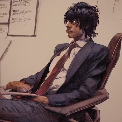 Image similar to a beautiful artwork of a young male scientist with black hair sitting on a chair at a desk by Jerome Opeña, featured on artstation