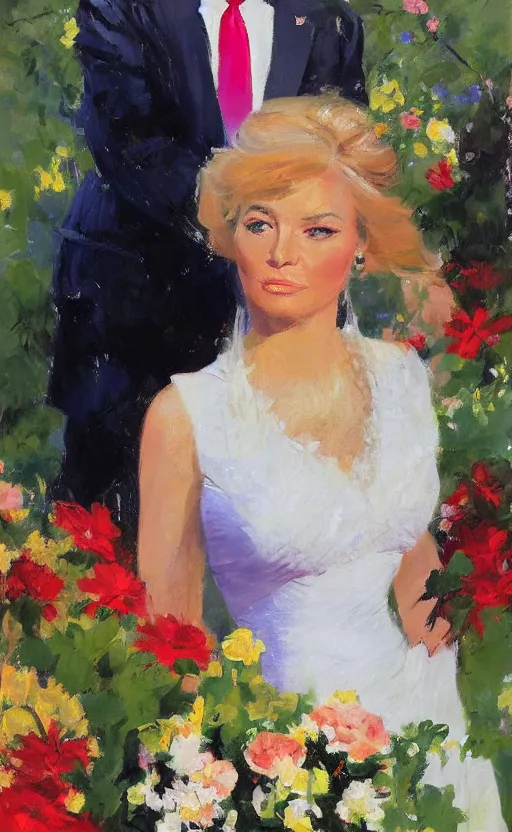 Image similar to romantic portrait of donald trump in an elegant dress surrounded by beautiful flowers, by gregory manchess, james gurney, james jean