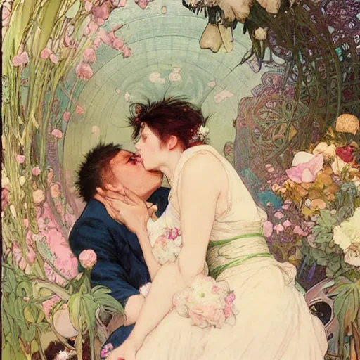 Image similar to the groom kisses the bride at a wedding full of flowers, bright and happy, dreamlike art, highly detail, 4 k realistic, wedding photoy krenz cushart. artem demura. alphonse mucha. yoji shinkawa artgerm. jon lothian. danilo torres. adi meyers. thomas reimann. gaston bussiere.