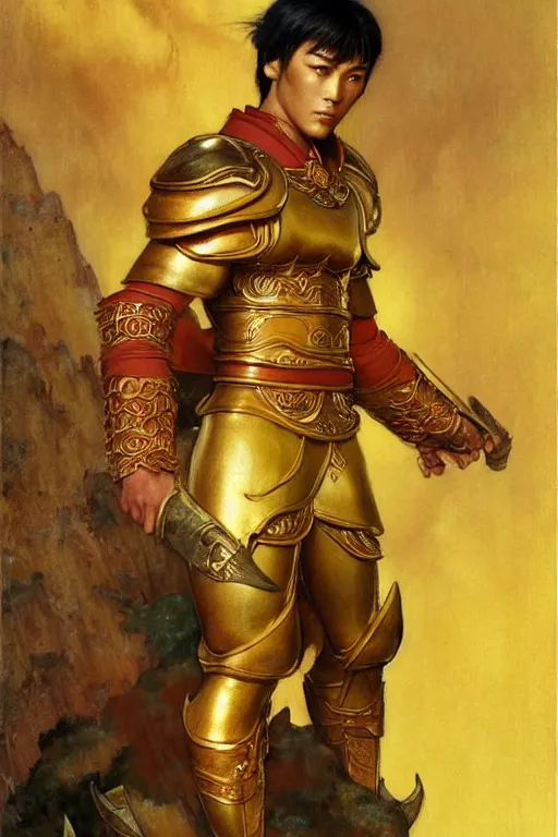 Image similar to tales of earthsea, attractive muscular male with golden armor, ming dynasty, character design, painting by gaston bussiere, craig mullins, j. c. leyendecker, tom of finland