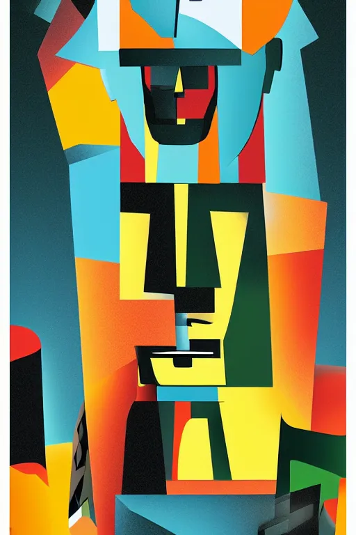 Image similar to cubist moai statue cutout digital illustration cartoon colorful beeple